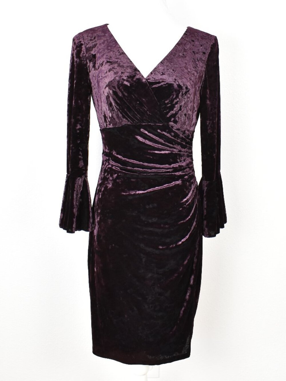 Lauren Ralph Lauren Velvet Faux Wrap Flutter Bell Sleeve Sheath Dress - 8 - Picture 3 of 10